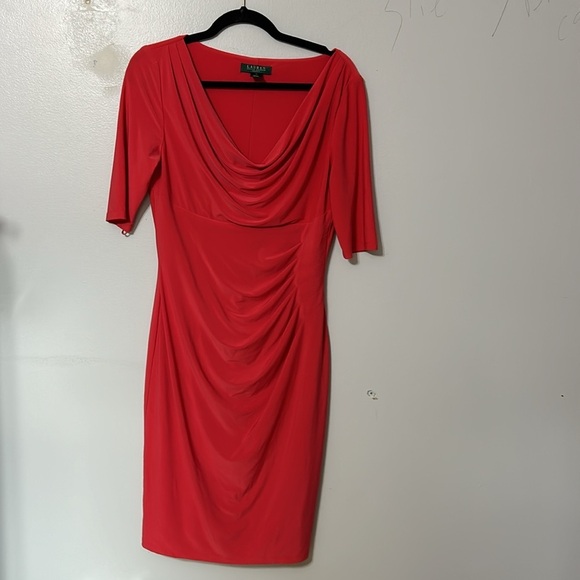 Lauren Ralph Lauren coral knit body con dress w/ front draping & side ruching 10 - Picture 2 of 5